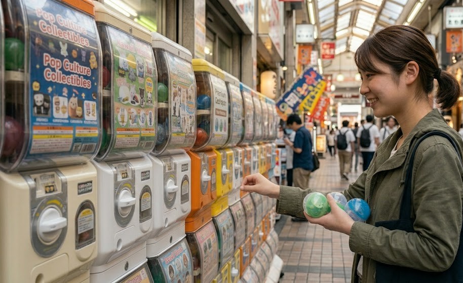 A woman is playing Gachapon